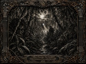 A shadowy charcoal jungle closes around a narrow, wet path, where hidden faces, silhouetted figures, tangled vines, and a distant beam of light create an ominous, hunted mood. Smoky blacks, grays, and muted bronze dominate. A weathered metal frame with barbed wire, guitar strings, ornate gold details, and an engraved title plate completes the dramatic vintage artwork.