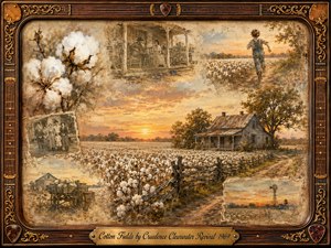 A nostalgic cotton-field collage glows beneath a golden sunset, blending a weathered farmhouse, split-rail fence, running child, family memories, cotton bolls, wagon, and distant windmill. Warm sepia, cream, rust, and amber tones soften the layered oil-and-watercolor textures, framed by dark rosewood, gold filigree, guitar details, and an engraved title plate.