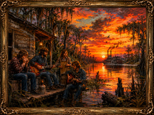 Four musicians gather on a rustic dock beside a weathered bayou cabin as a fiery red and orange sunset fills the sky. A paddlewheel steamboat moves across the glowing water while Spanish moss hangs overhead. The decorative gold frame strengthens the scenes ominous yet nostalgic Southern character.