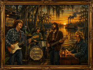 A lively rock band performs beside a lantern-lit bayou as the sun settles behind a distant riverboat. Guitars, drums, bass, and keyboard fill the foreground while moss-covered trees frame the reflective water. Rich golden light and an ornate frame create a warm, emotional, rain-washed atmosphere.