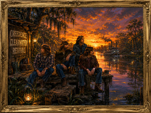 Four musicians sit quietly on a worn wooden dock, watching a paddlewheel riverboat travel through the glowing evening water. A rustic shack, lanterns, barrels, and hanging moss surround them. The fiery sunset and detailed gold frame capture the calm beauty, movement, and enduring spirit of river life.