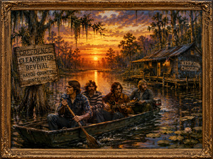 Four musicians travel through a peaceful bayou in a weathered rowboat, carrying a guitar as they pass a warmly lit riverside cabin. Cypress trees, lily pads, Spanish moss, and glowing sunset reflections surround them. A carved gold frame gives the nostalgic backwoods journey a timeless storybook quality.