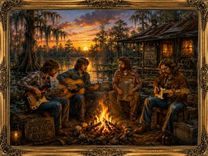 Four musicians gather around a bright campfire beside a remote swamp cabin, playing guitar, bass, electric guitar, and washboard. The sunset reflects across the quiet water while moss-covered trees rise behind them. Firelight, lanterns, rustic equipment, and an ornate frame create a warm musical refuge.