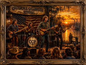 A lively riverside concert brings musicians and spectators together beneath a glowing sunset. The band performs on a rustic wooden stage decorated with an American flag and weathered signs while a steamboat passes behind them. The ornate frame, warm lighting, and enthusiastic crowd create celebratory energy.