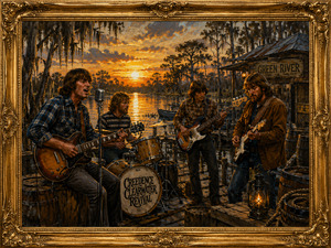 A four-piece band performs on a weathered dock beside a rustic Green River cabin. Guitars, drums, lanterns, barrels, ropes, and a small boat fill the detailed bayou setting. Golden sunset reflections and hanging moss surround the musicians, while an elaborate frame completes the nostalgic backyard fantasy.