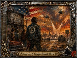 A lone denim-clad figure faces a turbulent wartime horizon beneath a distressed American flag, helicopters, soldiers, and industrial silhouettes. Fiery orange skies contrast with smoky browns, black, and tarnished gold. Thick impressionistic brushwork creates urgency and defiance, while the ornate metallic music-themed frame reinforces the songs rebellious, anti-establishment spirit.