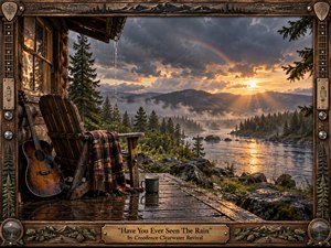 A rain-soaked cabin porch overlooks a misty river valley at sunset, where storm clouds part around warm golden light and a faint rainbow. A weathered chair, plaid blanket, guitar, and enamel mug create a reflective, nostalgic mood. Rich wood textures, wet reflections, evergreen forests, and carved musical framing give the scene cinematic handcrafted warmth.