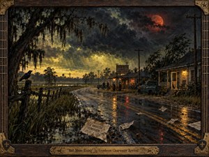 A storm-darkened rural roadside glows beneath a fiery red moon, with wet pavement reflecting amber porch and gas-station lights. Twisted trees, power lines, marsh grass, scattered newspapers, and a watchful black bird deepen the ominous mood. Rich painterly textures, deep browns, charcoal clouds, and golden highlights create cinematic Southern Gothic tension.