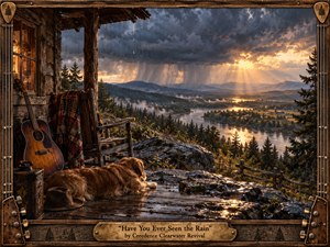 A rain-soaked mountain valley glows beneath breaking storm clouds as golden sunlight spills across winding water and dark evergreen forests. From a rustic cabin porch, an acoustic guitar, rocking chair, lantern, hat, and resting dog frame the view. Weathered wood and bronze detailing create a warm, nostalgic, handcrafted Americana atmosphere.
