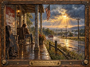 A lone figure sits on a rain-soaked wooden porch overlooking a rural road glowing beneath a break in storm clouds. Warm amber sunlight cuts through blue-gray rain, reflecting across wet boards and pavement. Rich oil-paint textures, weathered wood, a guitar case, wildflowers, and distant buildings create a wistful Americana atmosphere.