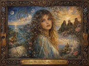 A luminous blue-eyed woman stands at the center of a dreamlike coastal landscape, surrounded by flowers, acoustic music, distant figures, moonlit sea, and radiant sunset skies. Rich blues, golds, roses, and warm amber light create a wistful, romantic mood, rendered in detailed painterly style within an ornate musical floral frame.