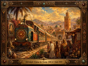 A jewel-toned, storybook painting shows a brightly ornamented train rolling into a bustling Marrakesh marketplace beneath a glowing golden sky, with palms, minarets, mountains, rugs, pottery, and travelers in bohemian dress. Warm amber light, intricate Moroccan details, and an ornate gem-studded frame create a dreamy, adventurous, nostalgic mood.