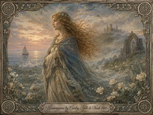 A luminous medieval woman stands beside a misty sea, her golden hair and embroidered blue cloak swept by the wind. White roses, distant castle ruins, soaring birds, and a solitary sailboat deepen the dreamlike melancholy. Soft gold and silvery-blue light create a romantic, painterly atmosphere within an ornate Celtic-inspired frame.