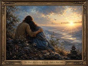 A tender couple sits embraced on a rocky hillside overlooking a misty mountain valley at sunrise. Golden light breaks through blue-gray clouds, illuminating wildflowers, winding water, distant peaks, and soaring birds. Romantic painterly realism, warm earth tones, cool blues, and an ornate antique frame create a peaceful, reassuring atmosphere.