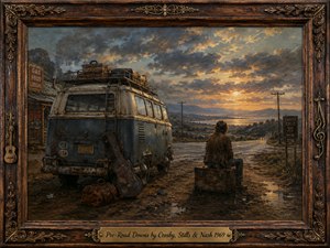 An introspective traveler sits on a weathered suitcase beside a battered van on a lonely roadside at sunset, gazing toward distant hills and glowing water. Painted in a richly textured, nostalgic oil style, the scene blends warm golds, dusky blues, and earthy browns, all enclosed within an ornate carved frame and engraved title plate.