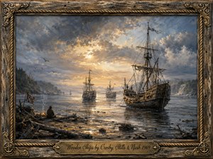 Weathered wooden ships drift across a calm coastal inlet beneath dramatic storm clouds pierced by warm golden light. A solitary figure sits beside a small shoreline fire, watching the vessels approach. Cool blues, smoky grays, aged browns, and muted golds create a contemplative, cinematic oil-painted scene framed with rustic wood, rope, and brass nautical details.