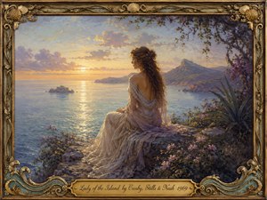 A serene woman in a flowing ivory-lavender gown sits on a flowered seaside cliff, gazing over a luminous island sunset. Warm gold light shimmers across calm blue water beneath pastel clouds, while distant mountains and blossoms frame the scene. The artwork is romantic and painterly, enclosed in an ornate shell-and-scroll frame with an engraved title plate.
