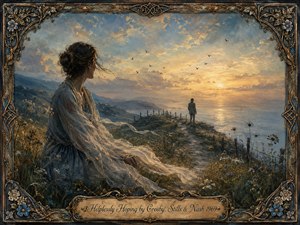 A wistful woman in a windblown blue dress sits among wildflowers on a coastal hillside, gazing toward a lone figure beside a glowing sea at sunset. Painted in a dreamy, textured romantic style, the scene glows with gold, blue, and muted earth tones, enclosed by an ornate floral frame and engraved title plate.