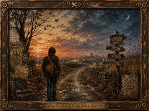 A solitary guitarist walks a winding country road toward distant city lights beneath a dramatic sunset fading into moonlit blue. Weathered protest posters, peace symbols, rustic signposts, dry grasses, and a bare tree deepen the reflective, restless mood. Rich earthy colors, glowing horizon light, and textured painterly detail evoke late-1960s folk-rock nostalgia.