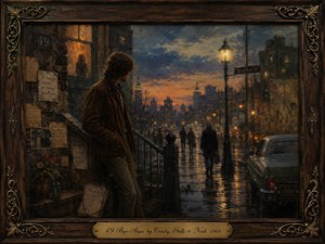 A solitary young man lingers on a rainy city stoop at dusk, gazing down a glistening street alive with lamplight, distant figures, and nostalgic 1960s detail. Painted in a moody, textured oil style, the scene glows with amber and blue tones, enclosed by an ornate wooden frame and engraved brass title plate.