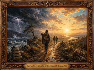 A lone traveler carrying a guitar walks a rugged path toward a radiant golden horizon, leaving storm-darkened seas and lightning behind. Two companions lead onward through rolling hills and wildflowers. Rich oil-paint textures, warm amber light, dramatic clouds, carved musical motifs, and an ornate gilded frame evoke resilience, hope, and renewal.