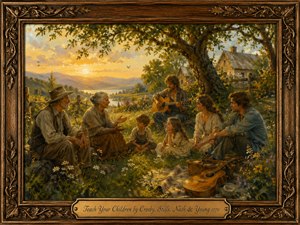 A warm, painterly family gathering unfolds beneath a broad tree in a golden countryside meadow, where elders, parents, and children share stories and music. Soft sunset light washes the scene in amber, green, and earth tones, while wildflowers, guitars, distant hills, and an ornate carved frame create a nostalgic, hopeful atmosphere.