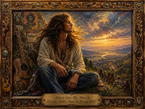 A long-haired young man sits on a rocky hillside at sunset, scissors resting in his hand beside a decorated acoustic guitar. Golden light floods a vast mountain valley while distant counterculture figures gather beneath a peace flag. Rich earth tones, dramatic clouds, flowing hair, and an ornate jeweled wooden frame create a nostalgic, rebellious oil-painted atmosphere.