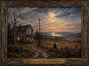 A solitary figure sits beside a weathered farmhouse, gazing across rolling fields toward a moonlit river valley. Warm window light contrasts with cool blue-gray skies, muted gold grasses, and earthy browns. Textured painterly brushwork, telephone poles, fences, and a winding path create a wistful, nostalgic atmosphere within an ornate antique frame.