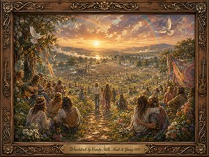 A radiant Woodstock gathering unfolds across a flower-filled valley beneath a golden sunset, with thousands of festivalgoers, musicians, embracing couples, colorful banners, and white doves. Warm earth tones, glowing skies, and a faint rainbow create a hopeful, dreamlike mood. Ornate carved wood framing and a brass title plate complete the nostalgic painterly scene.