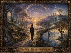 A solitary figure stands at a branching stone path within a dreamlike landscape of repeating silhouettes, mirrored arches, and spiraling skies. Warm gold light meets cool blue twilight across distant mountains and reflective water, creating a mysterious, contemplative mood. Ornate bronze framing and a scripted title plate complete the richly painted surreal composition.