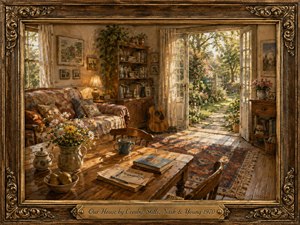 A warmly painted cottage interior glows with golden afternoon light, opening through French doors onto a lush flower garden. A wooden table with flowers, books, fruit, and a mug anchors the cozy composition, while a guitar, patterned sofa, plants, and ornate gilded frame create a nostalgic, peaceful 1970s atmosphere.