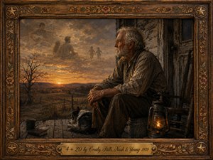 An elderly man sits pensively on a weathered porch at sunset, gazing across quiet fields while ghostly memories drift through the golden sky. Warm amber light from the horizon and lantern contrasts with deep rustic shadows. Rich painterly textures, a resting dog, carved floral frame, and engraved brass title plate deepen the nostalgic mood.
