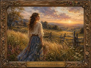 A young country woman stands among sunlit wildflowers beside a weathered split-rail fence, gazing across rolling hills toward a glowing sunset. Warm gold, amber, blue, and cream tones create a wistful, romantic mood. Rich painterly textures, a distant farmhouse, windswept grasses, and an ornate carved floral frame complete the nostalgic scene.