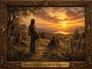 A warm, nostalgic folk-rock scene unfolds across a flowered hillside at sunset, where friends gather near a painted van and a guitarist gazes toward distant mountains and shimmering water. Golden-orange light floods the landscape, creating a reflective, affectionate mood. Rich oil-painting textures and an ornate carved frame complete the vintage composition.