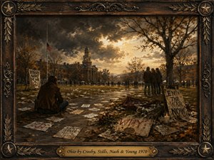 A somber autumn campus lies beneath turbulent gray and golden skies, scattered with protest signs, flowers, candles, and windblown papers. Students gather quietly across the quad while a lone seated figure reflects in the foreground. Rich earth tones, dramatic light, and painterly realism create a haunting memorial atmosphere within an ornate antique frame.