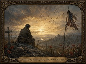 A solitary soldier sits amid poppies and battlefield remnants, gazing across a misty valley toward a glowing horizon. A weathered cross, fallen helmet, tattered flag, distant memorials, and soaring birds deepen the solemn mood. Muted browns, grays, and golds create a haunting, painterly atmosphere within an ornate antique frame.