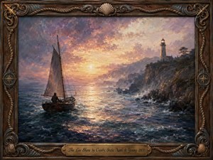A lone sailor guides a small sailboat across restless blue-green water toward a glowing sunset beside rugged coastal cliffs and a distant lighthouse. Warm gold, rose, lavender, and cool ocean tones create a reflective, nostalgic mood. Rich painterly textures, dramatic light, and an ornate nautical frame complete the scene.