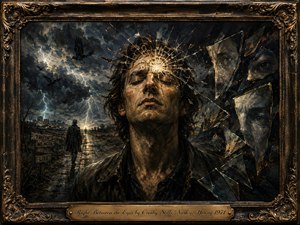 A solemn man stands beneath a violent storm, eyes closed as a brilliant fracture of light bursts across his forehead. Shattered mirror fragments reveal haunting faces beside him, while ravens, lightning, a distant city, and a lone traveler deepen the tension. Dark blues, bronze, and gold create a dramatic, richly textured oil-painted atmosphere.