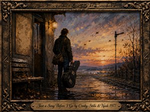 A solitary traveler stands beside a weathered railway platform at golden dusk, holding a guitar case beneath a glowing lantern. Autumn leaves drift across wet ground as tracks lead toward distant mountains and water. Warm amber, copper, and blue-gray tones create a wistful, reflective mood within an ornate musical frame.
