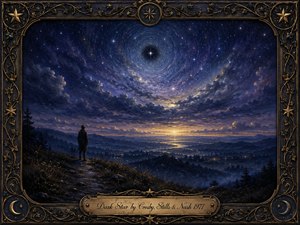 A solitary figure stands on a shadowed hillside beneath a vast swirling night sky, contemplating a mysterious dark star. Deep indigo, violet, silver, and warm gold create a haunting, reflective mood. Painterly clouds, distant mountains, glowing valleys, and an ornate celestial frame with an engraved title plate complete the dreamlike composition.