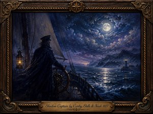 A solitary shadowed captain steers a wooden vessel across a restless moonlit sea, framed by misty cliffs and a distant lighthouse. Deep blues, indigo, silver, and warm amber lantern light create a contemplative, mysterious mood. Rich painterly textures, swirling clouds, gleaming waves, ornate nautical carving, and a brass title plate complete the scene.