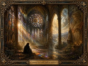 A solitary figure sits within a vast Gothic cathedral, surrounded by towering arches, stained glass, candles, and weathered stone. Golden sunlight streams through jeweled windows, casting vivid colors across the floor. An open arch reveals distant mountains and sky, creating a mystical, contemplative mood in richly detailed romantic realism.