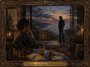 A contemplative woman sits beside chess pieces, cards, handwritten notes, and a glowing drink while a solitary man watches the twilight sea from an open terrace. Warm amber lamplight contrasts with cool blue-violet dusk, creating a nostalgic, emotionally distant mood. Rich painterly textures, coastal scenery, musical details, and an ornate gilded frame complete the scene.