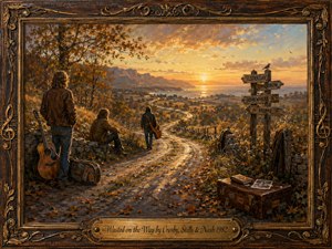 An autumnal, painterly scene shows three musicians paused along a winding country road at sunset, gazing toward distant mountains and shimmering water. Warm gold, amber, and russet tones bathe the landscape, while guitars, weathered luggage, and a symbolic signpost deepen the nostalgic mood, all enclosed in an ornate musical frame.