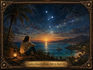 A contemplative sailor sits on a coastal bluff at sunset, gazing over a glowing tropical bay where a lone sailboat drifts beneath the radiant Southern Cross. Warm lantern light and gold-orange twilight blend with deep blue water and a star-filled sky, while an ornate bronze frame and engraved title plate lend a romantic, storybook elegance.