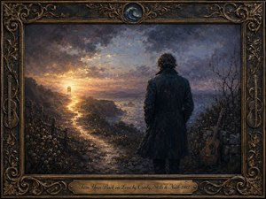 A solitary figure stands on a rugged coastal path at twilight, facing away from a distant couple glowing in warm golden light. Stormy blue-gray skies, reflective water, and shadowed rocks create a melancholy, contemplative mood. Rich oil-paint textures, an antique ornate frame, musical motifs, and an engraved brass title plate complete the scene.