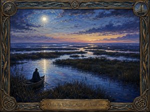 A solitary figure rests in a small boat amid a moonlit river delta, surrounded by winding waterways and shadowed reeds. Cool blues, violets, and silvery reflections contrast with a warm horizon glow, creating a wistful, contemplative mood. Painterly textures, firefly-like lights, ornate Celtic details, and an engraved brass title plate complete the scene.