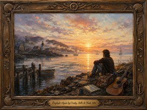 A contemplative man sits on a rocky shoreline at sunrise, gazing across calm water toward a glowing harbor with sailboats, a lighthouse, and misty cottages. Warm gold, peach, and lavender light bathes the painterly coastal scene, while an ornate carved wooden frame with musical motifs and an engraved title plate completes the nostalgic, reflective mood.