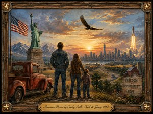A richly detailed Americana painting shows a family overlooking farmland, highways, mountains, and a glowing city at sunset. Warm gold, blue, and rustic red tones illuminate a vintage truck, American flag, Statue of Liberty, soaring eagle, rocket launch, and weathered freedom sign, all enclosed by an ornate bronze-and-wood frame.