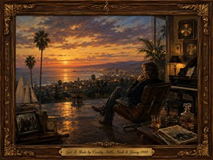 A solitary musician relaxes on a luxurious terrace overlooking a glowing coastal city at sunset, surrounded by a piano, gold records, photographs, and symbols of success. Warm amber, orange, and twilight blue tones create a reflective, nostalgic mood. Painterly realism, ornate wood framing, and the engraved title plate enhance the sophisticated composition.
